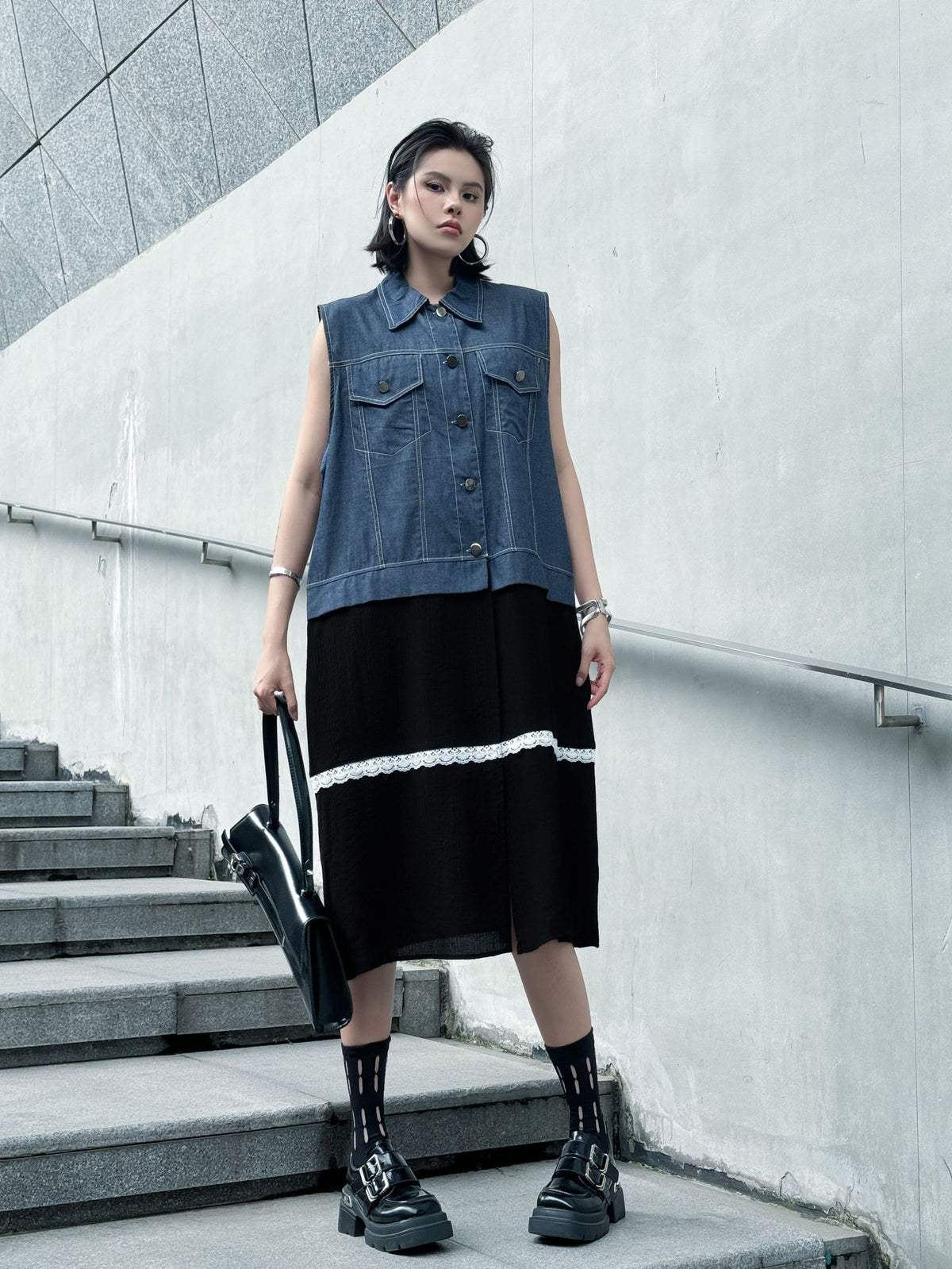 Scarf tie blouse and denim pants series 