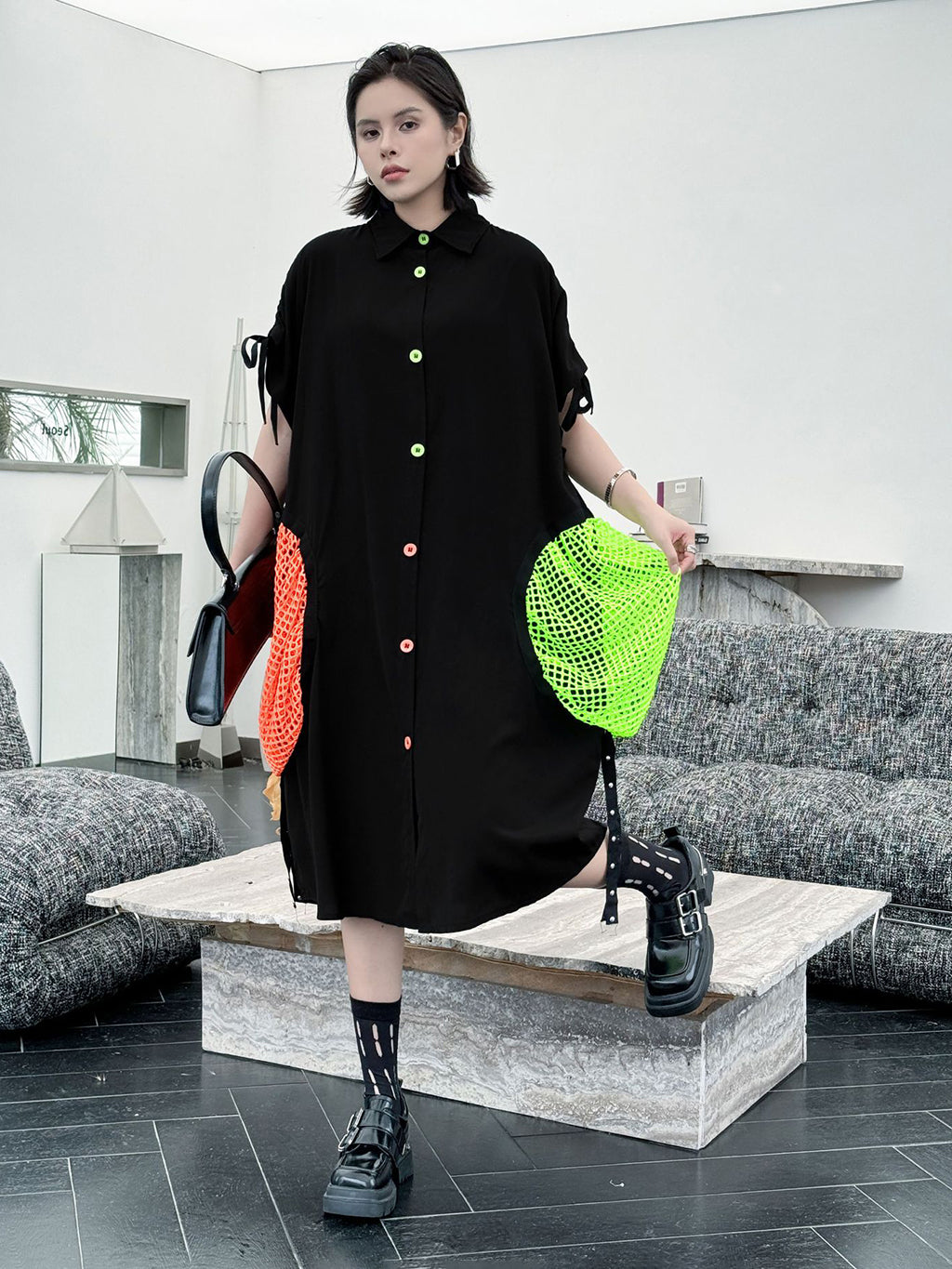 neon patch shirt dress