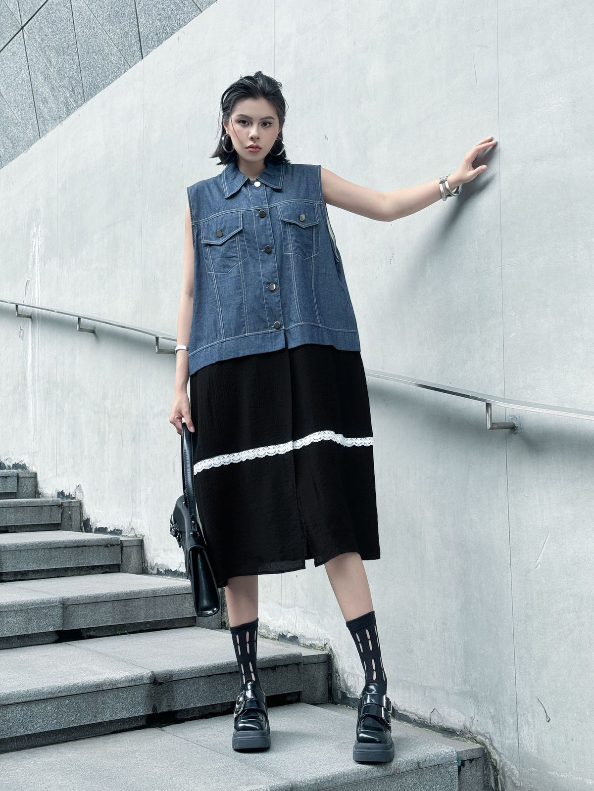Scarf tie blouse and denim pants series 