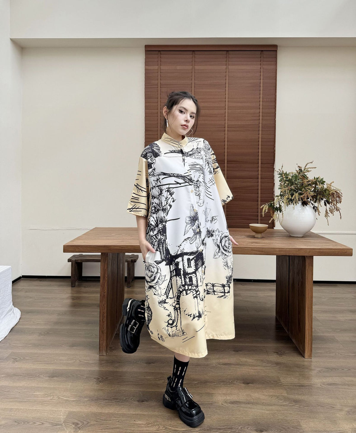 Scarf tie blouse and denim pants series 