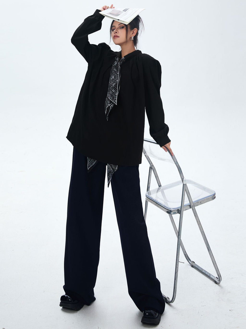 Scarf tie blouse and denim pants series 
