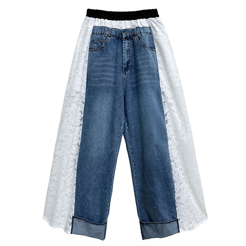 Lace-docking denim pants 