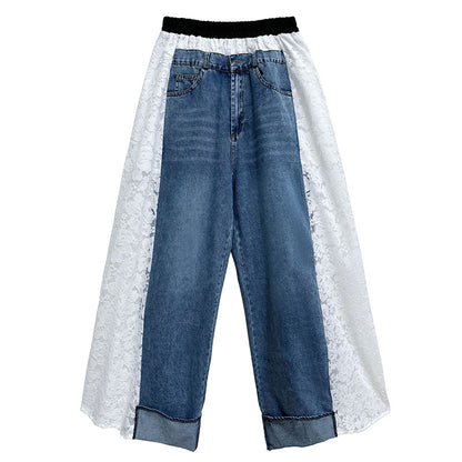 Lace-docking denim pants 