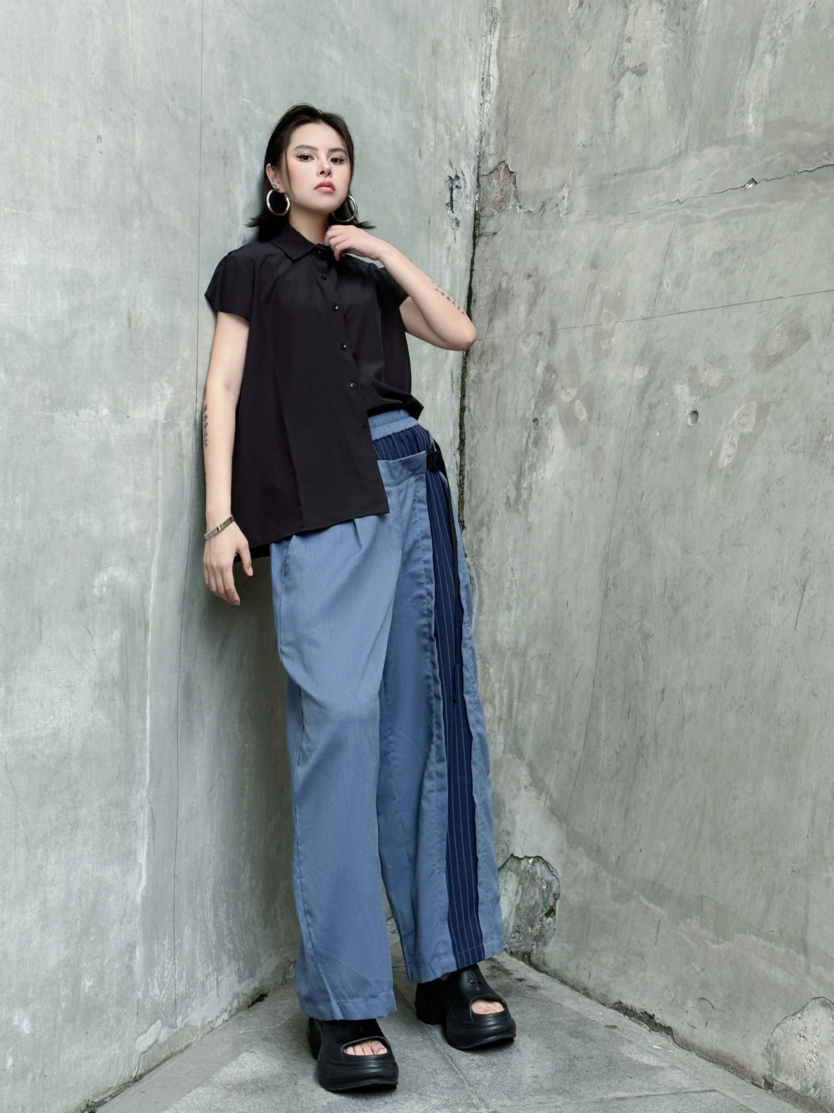 Scarf tie blouse and denim pants series 
