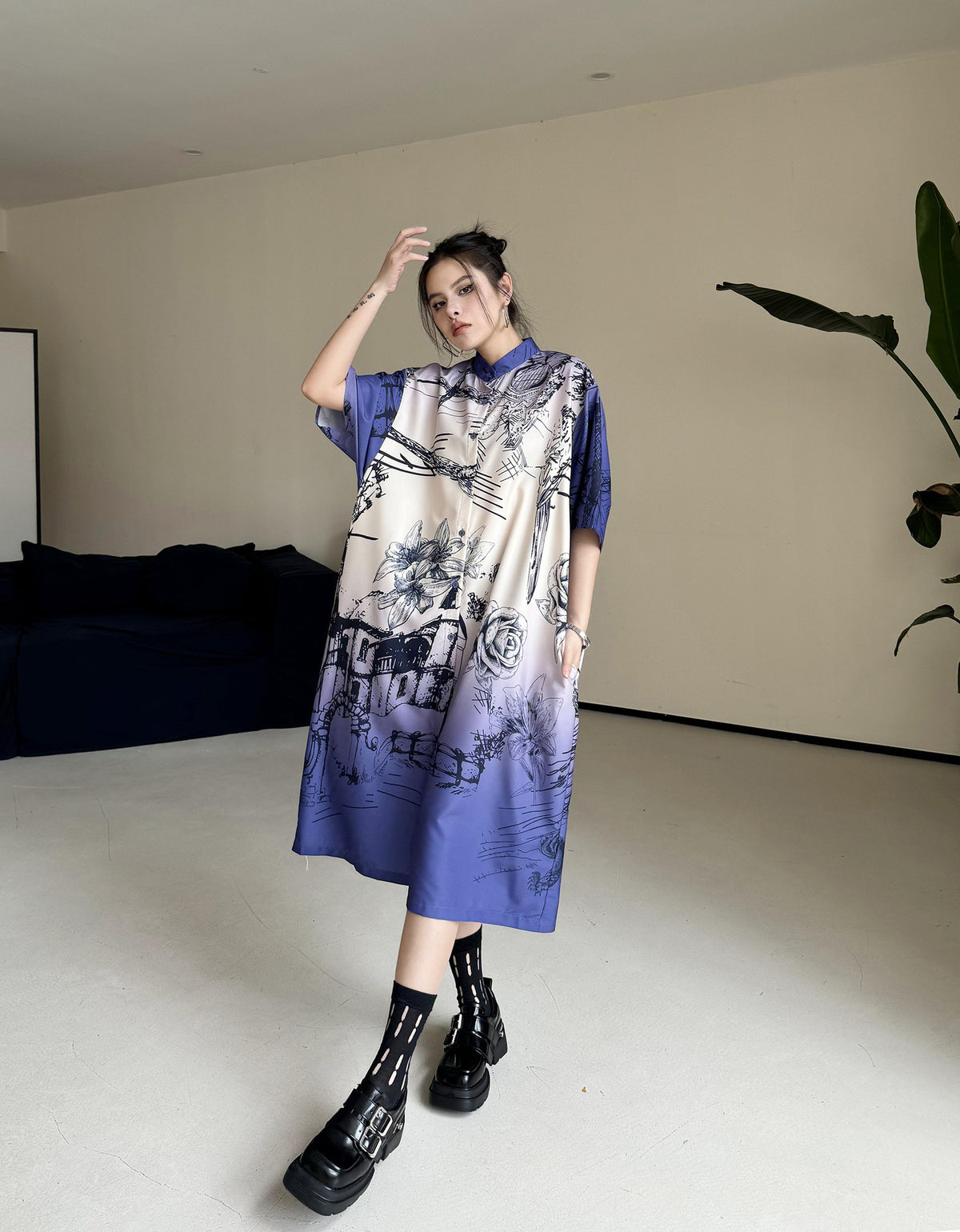 Scarf tie blouse and denim pants series 