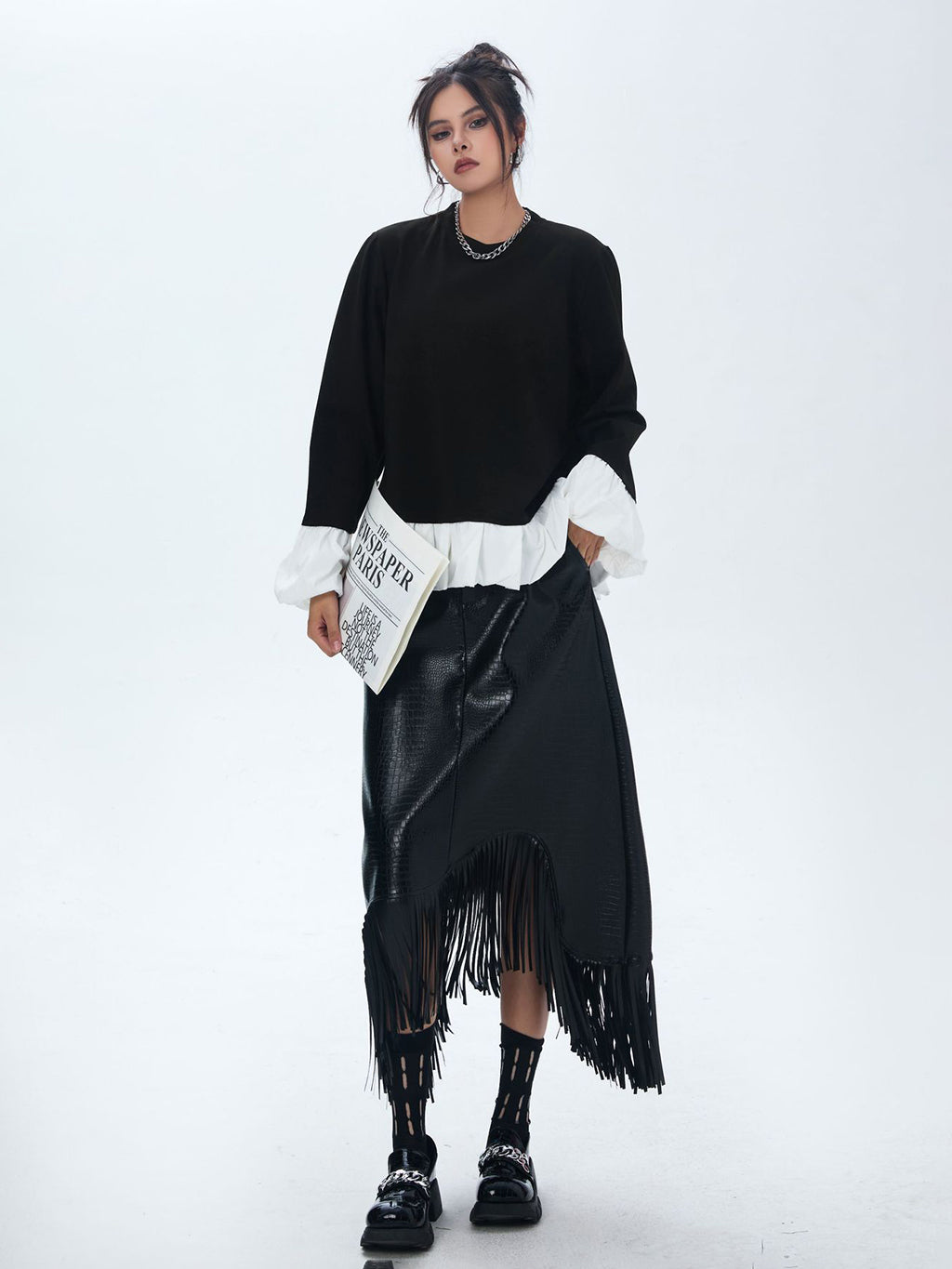 Frilled hem and cuff two-tone top 