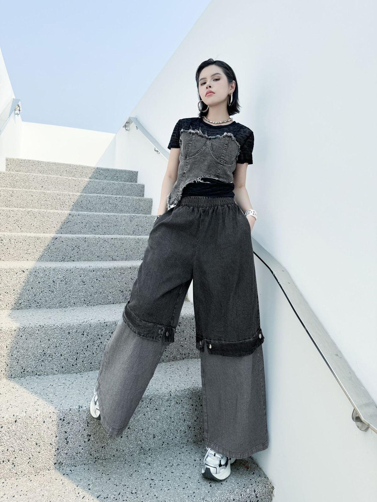 Scarf tie blouse and denim pants series 