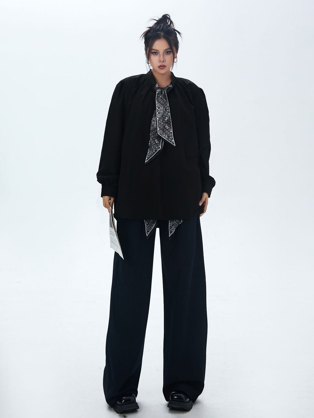 Scarf tie blouse and denim pants series 