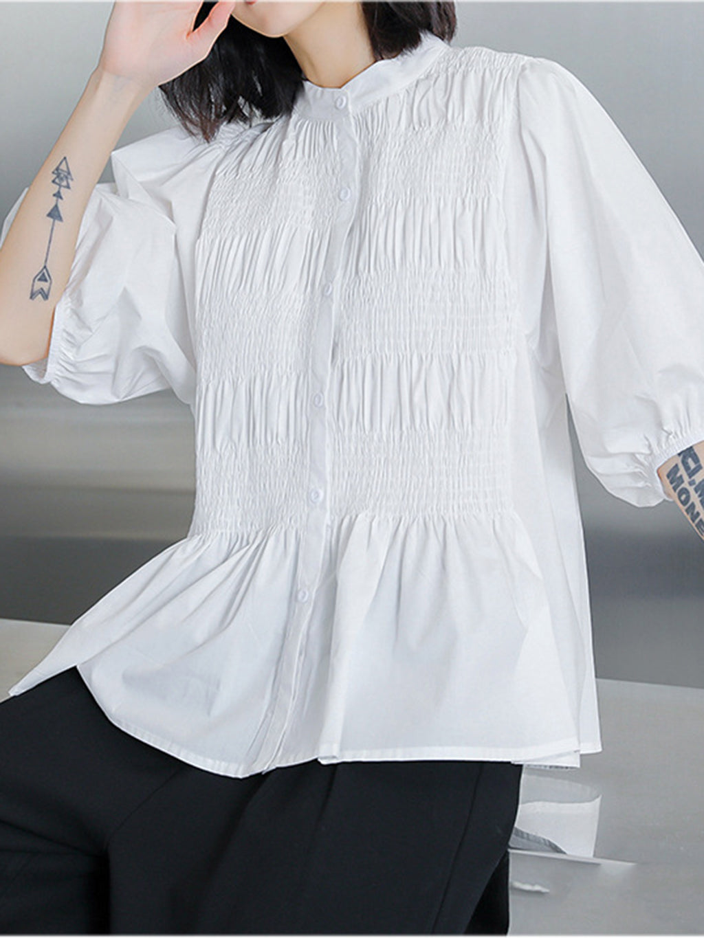 Shirred volume sleeve blouse 