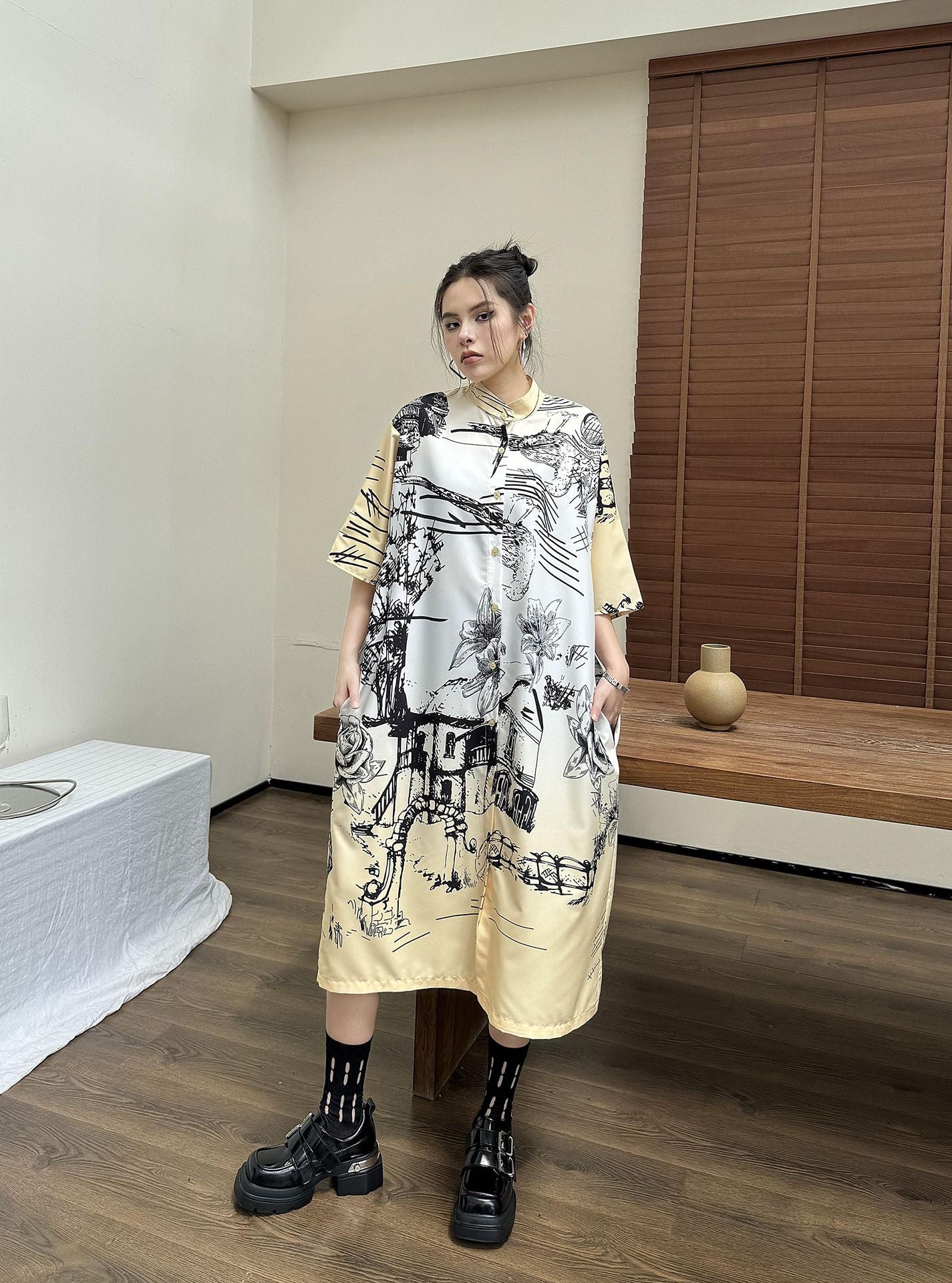 Scarf tie blouse and denim pants series 