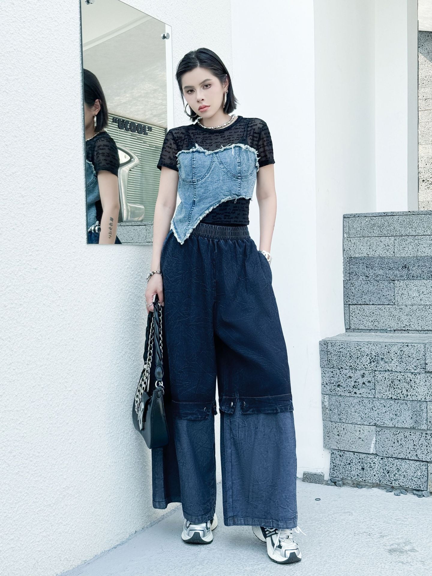Scarf tie blouse and denim pants series 