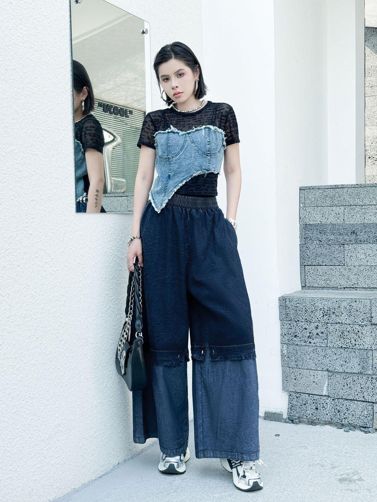 Scarf tie blouse and denim pants series 