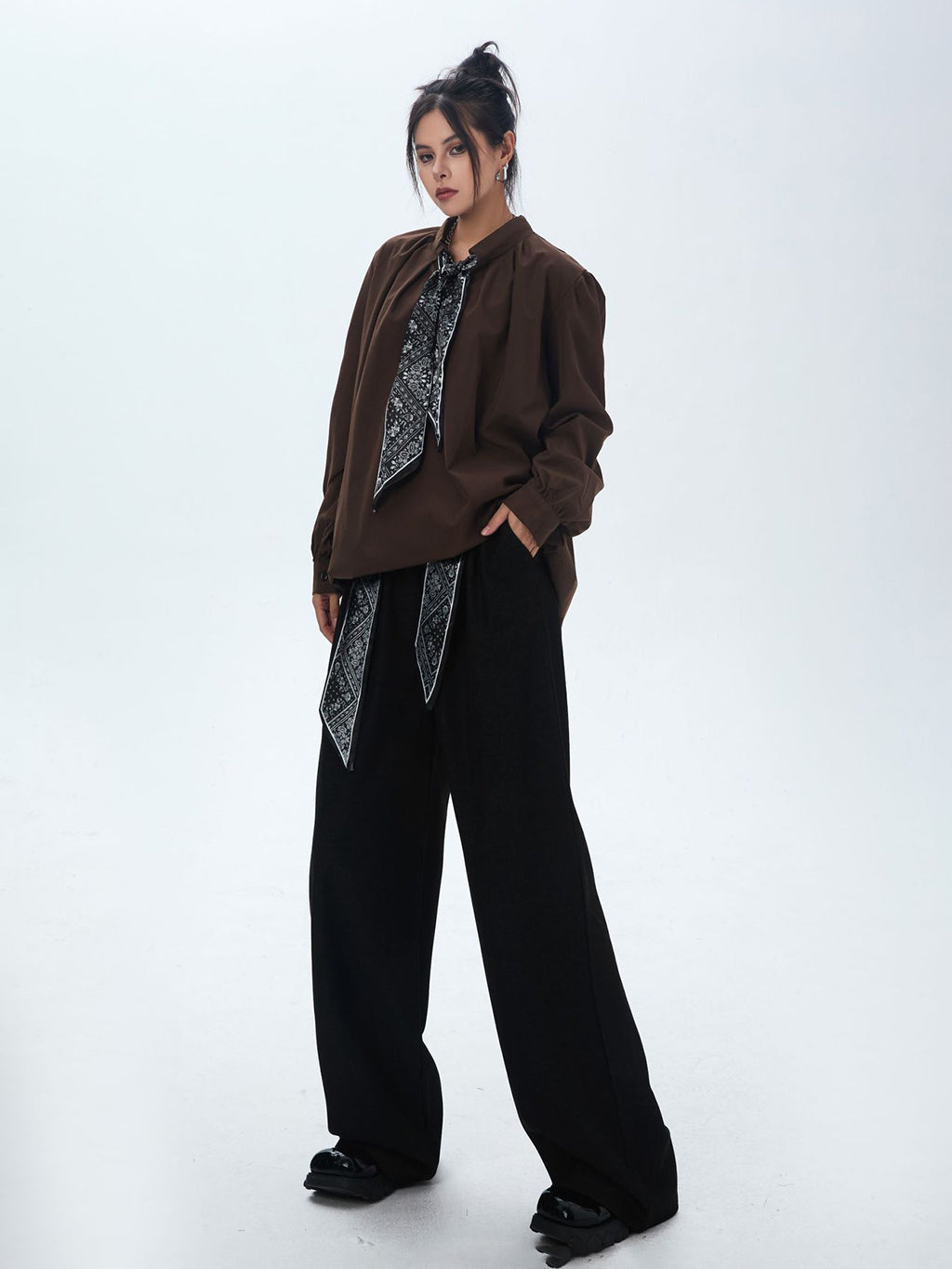 Scarf tie blouse and denim pants series 