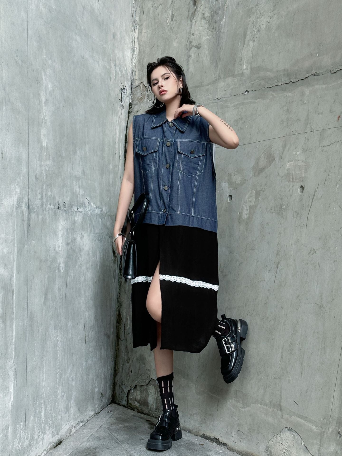 Scarf tie blouse and denim pants series 