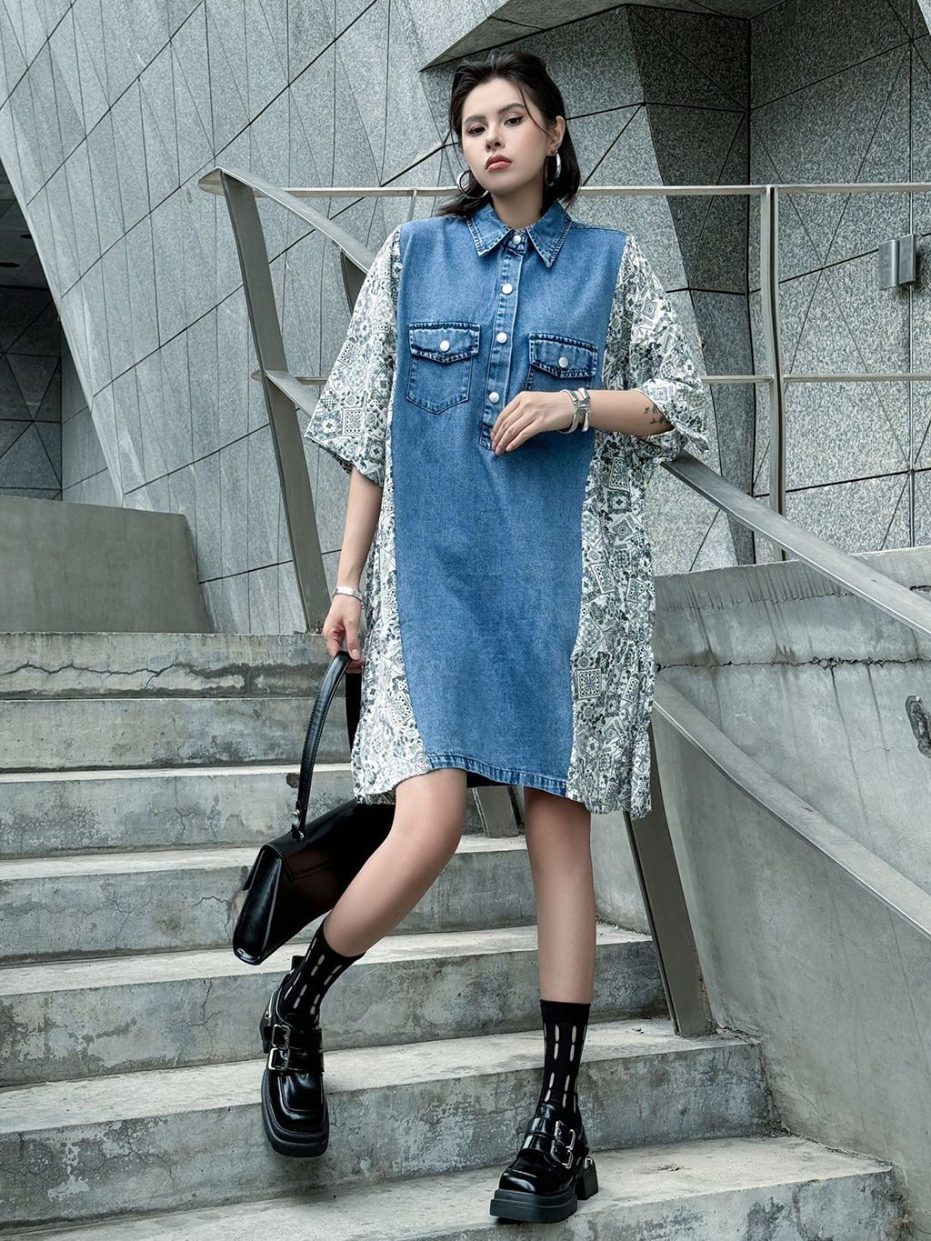 Denim Switch Pattern Dress 