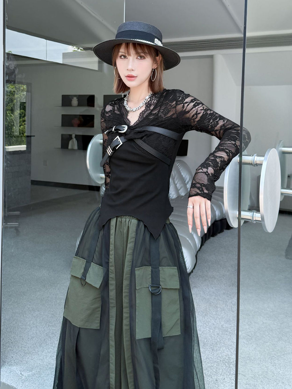 Belt Drape Lace Top 