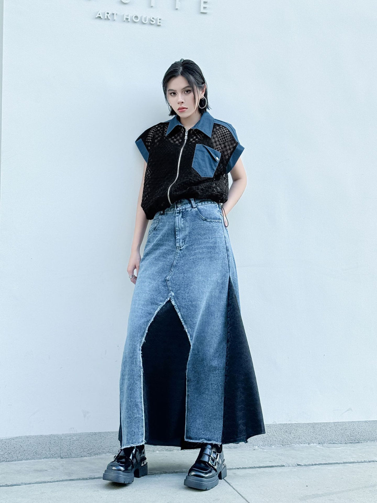 Scarf tie blouse and denim pants series 