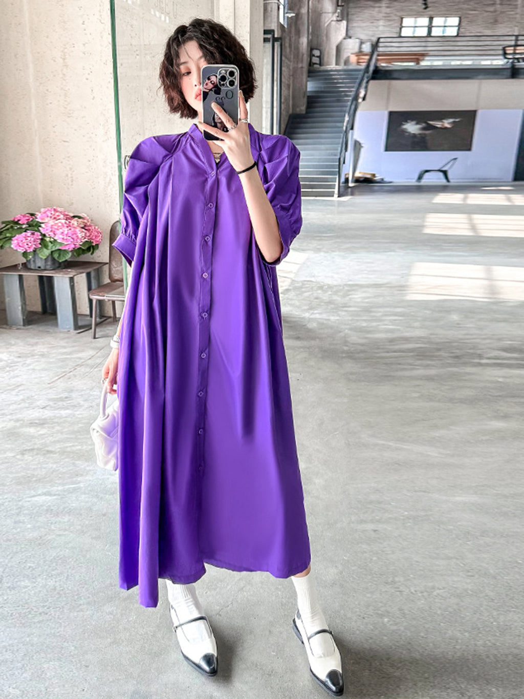 Balloon sleeve flared dress