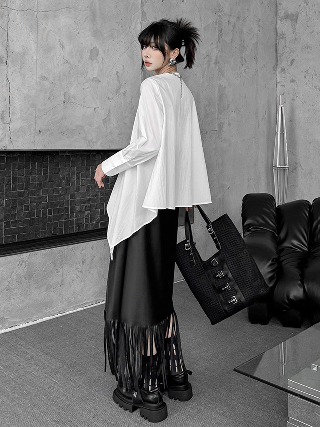 Scarf tie blouse and denim pants series 
