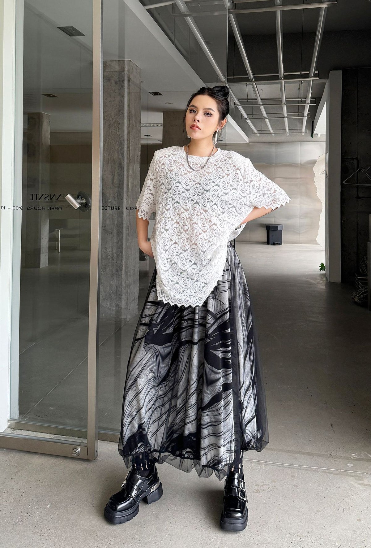 Scarf tie blouse and denim pants series 