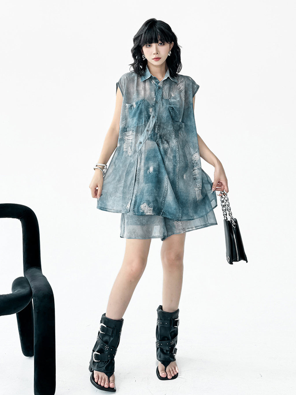 Sheer denim print blouse and shorts 