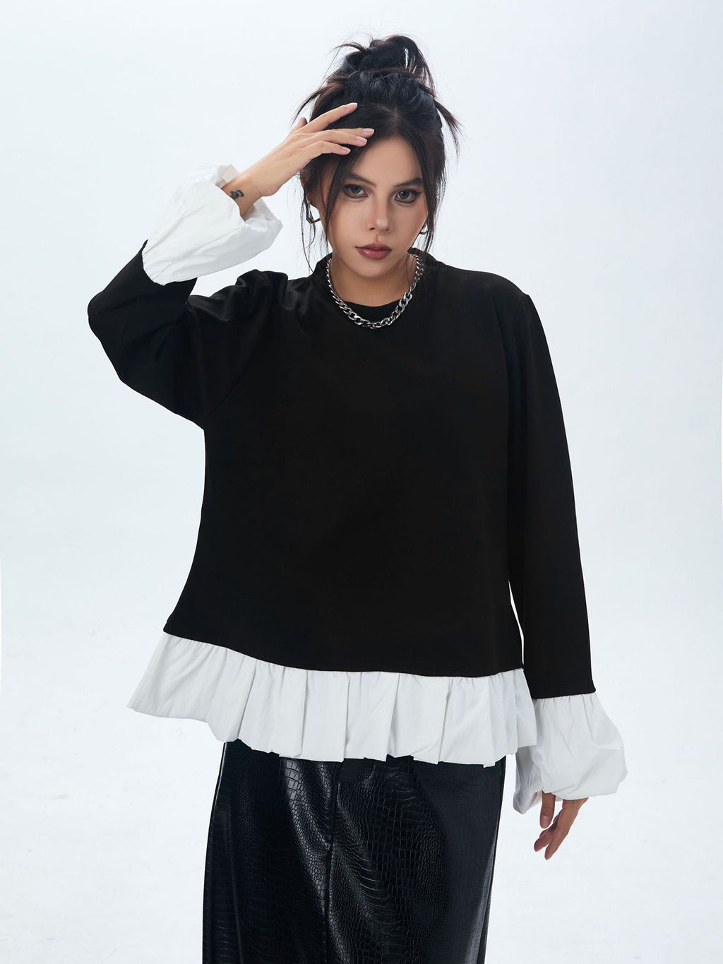 Frilled hem and cuff two-tone top 