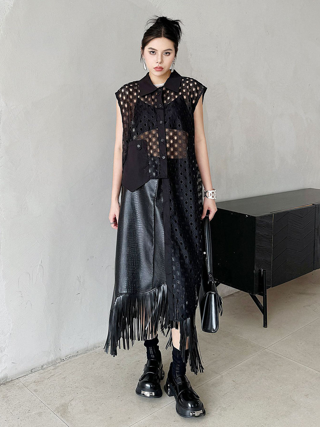 Hole Mesh Long Blouse 