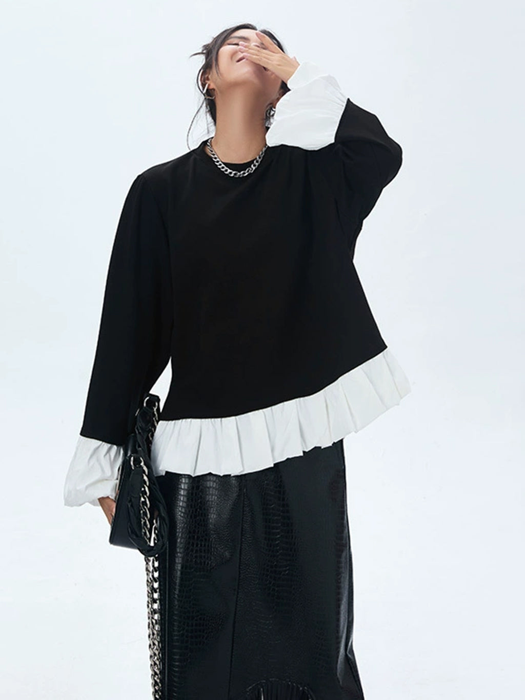 Frilled hem and cuff two-tone top 