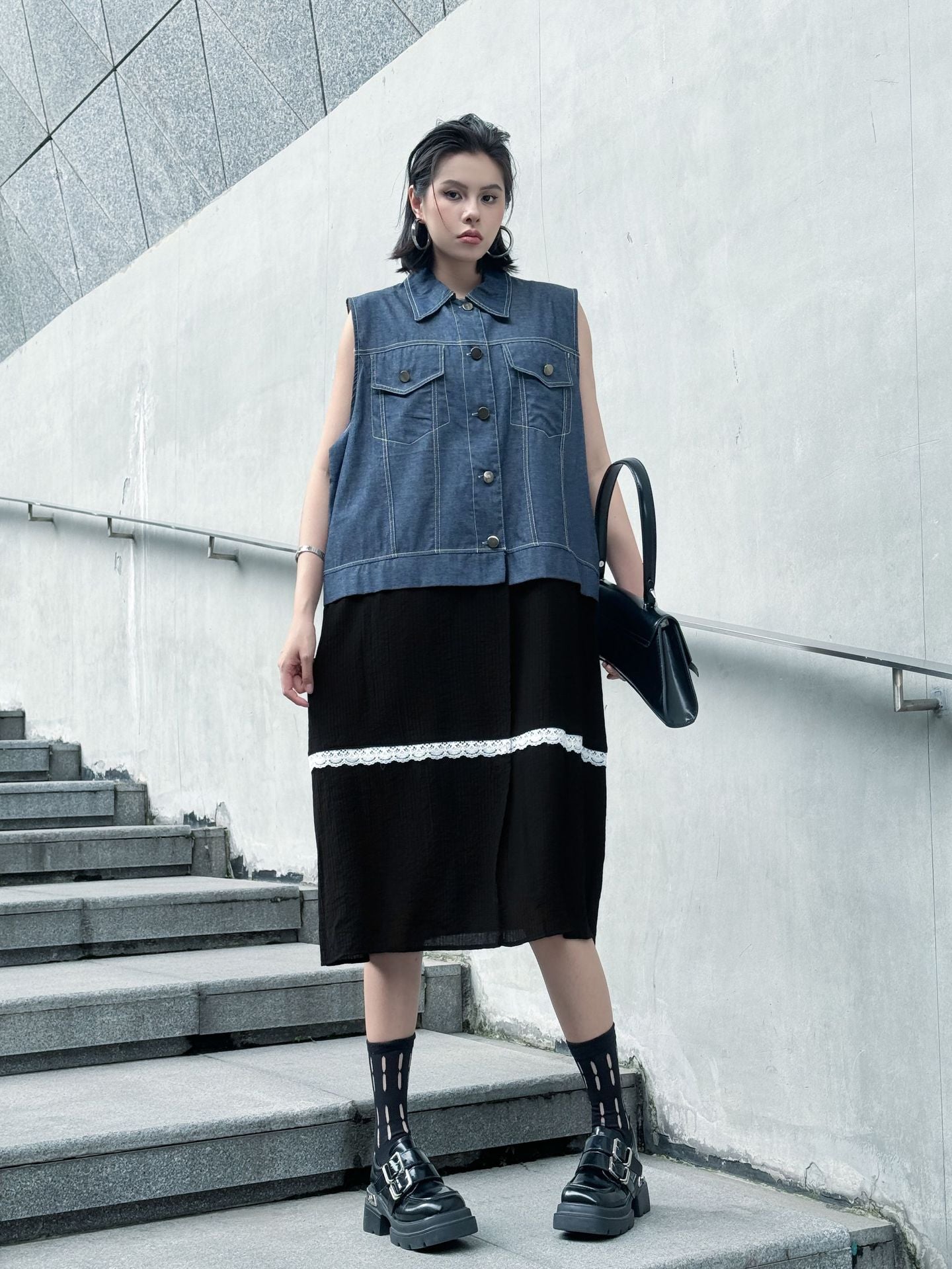 Scarf tie blouse and denim pants series 