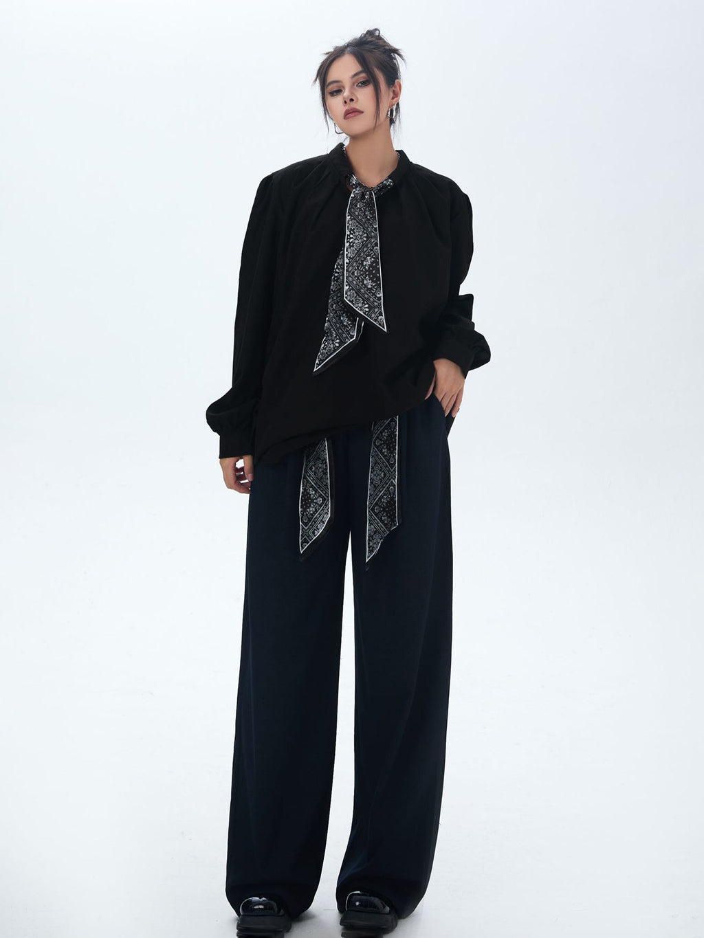 Scarf tie blouse and denim pants series 