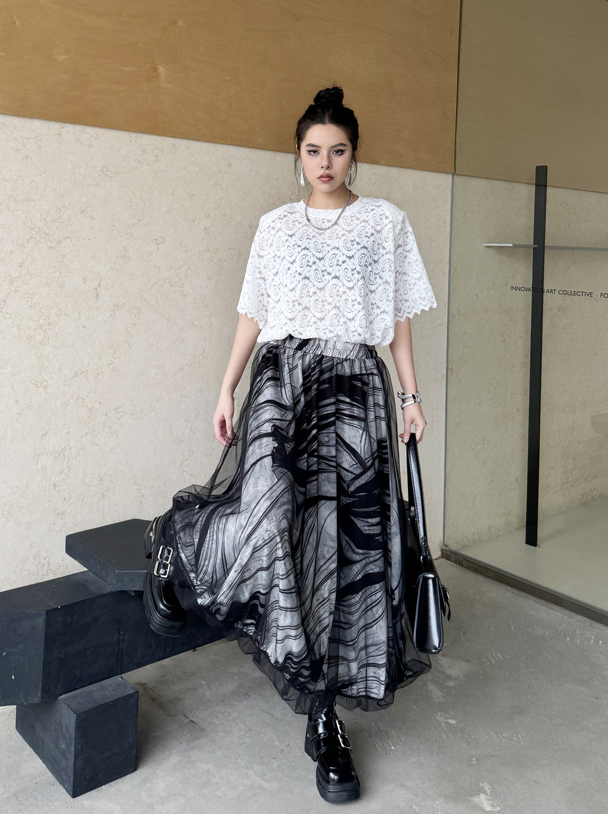 Scarf tie blouse and denim pants series 