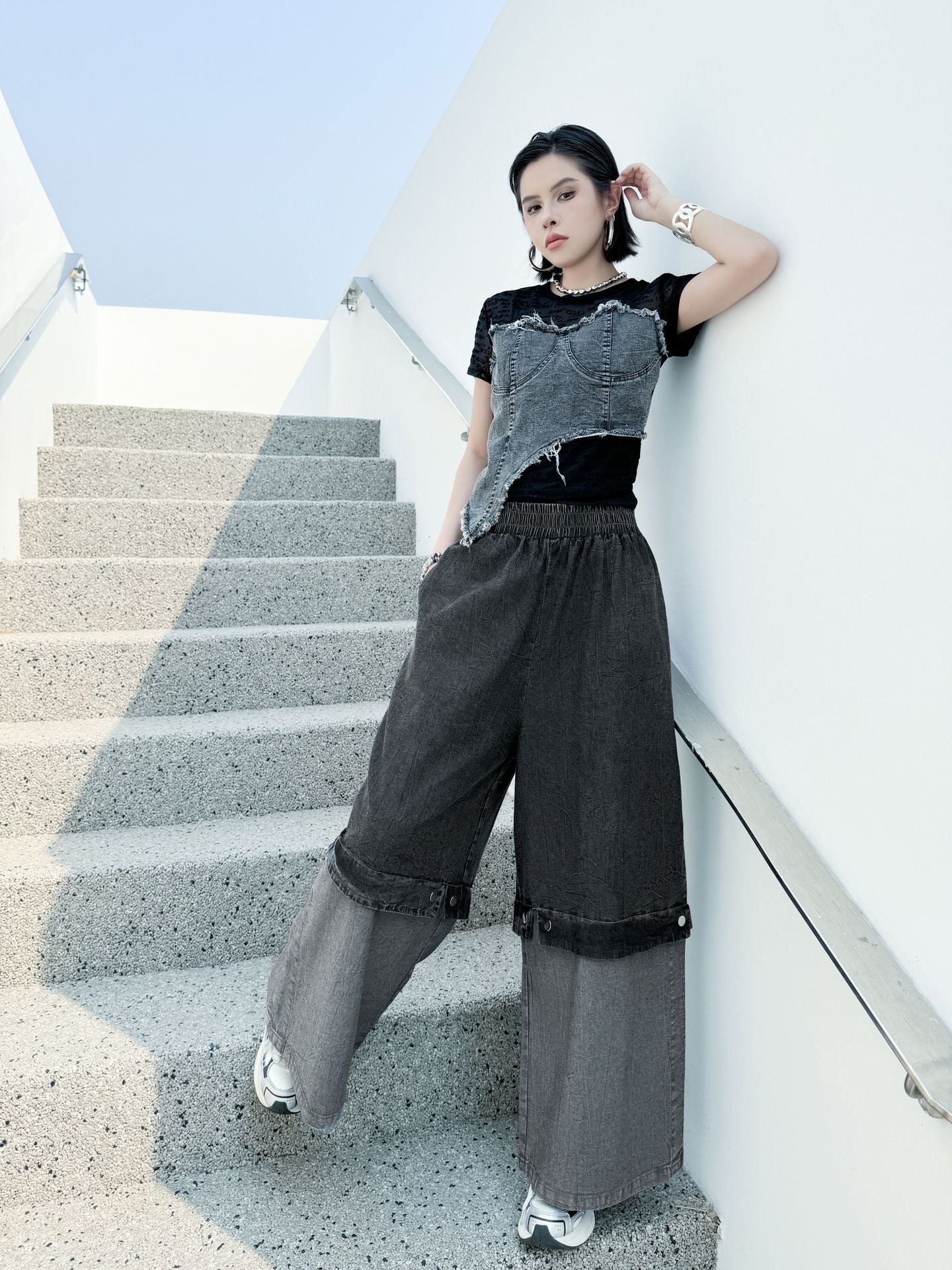 Scarf tie blouse and denim pants series 