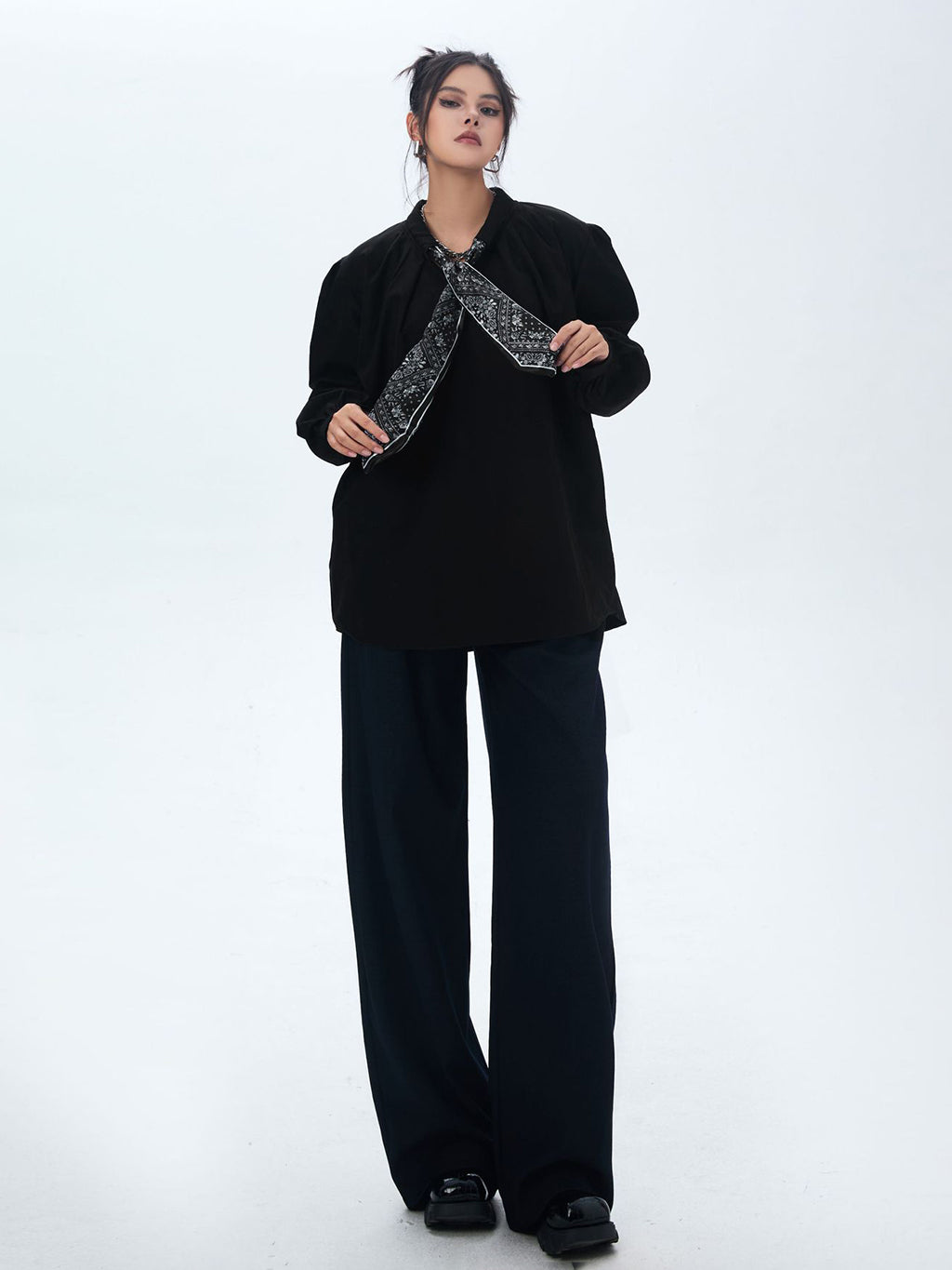 Scarf tie blouse and denim pants series 