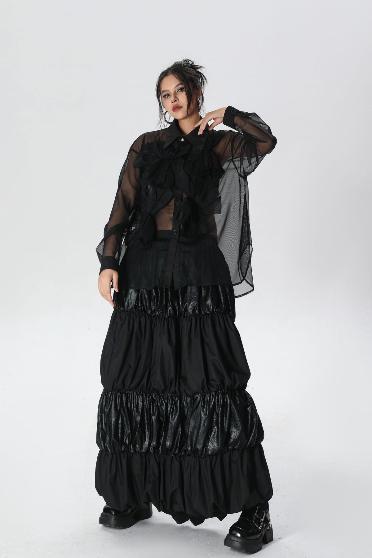Scarf tie blouse and denim pants series 