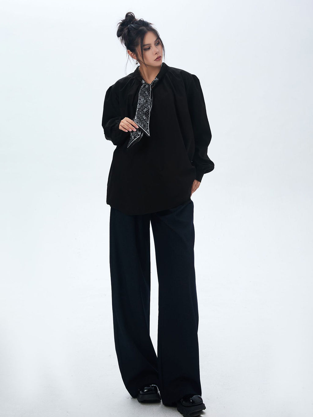 Scarf tie blouse and denim pants series 
