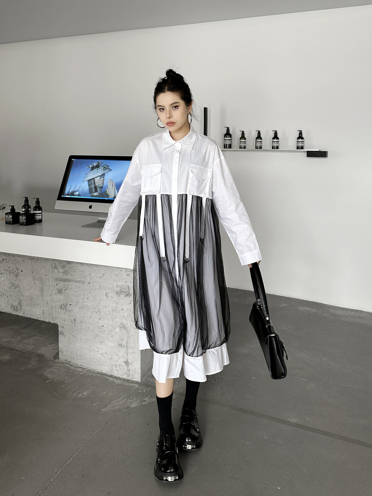 Scarf tie blouse and denim pants series 