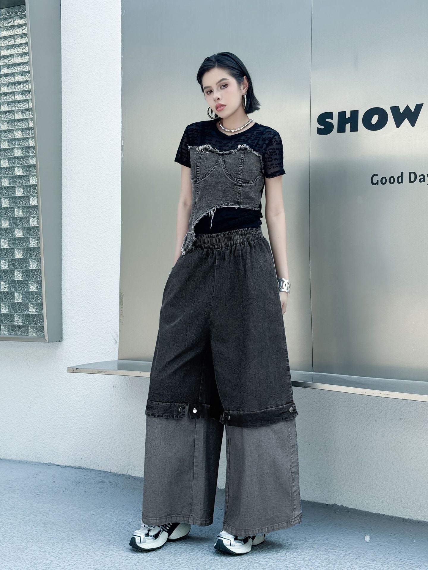 Scarf tie blouse and denim pants series 
