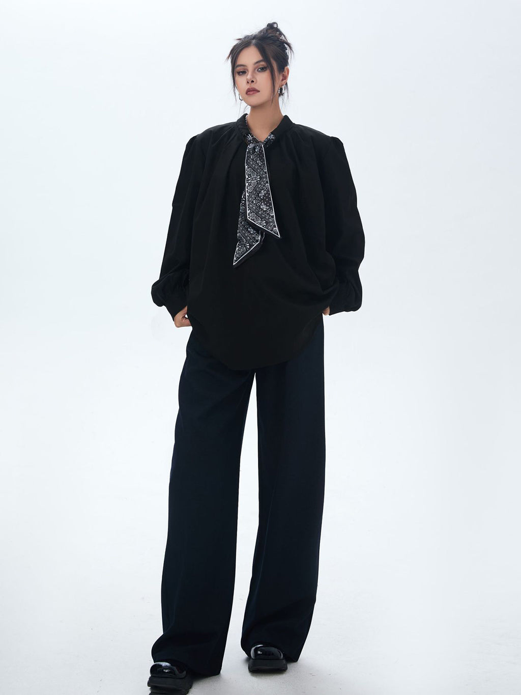 Scarf tie blouse and denim pants series 