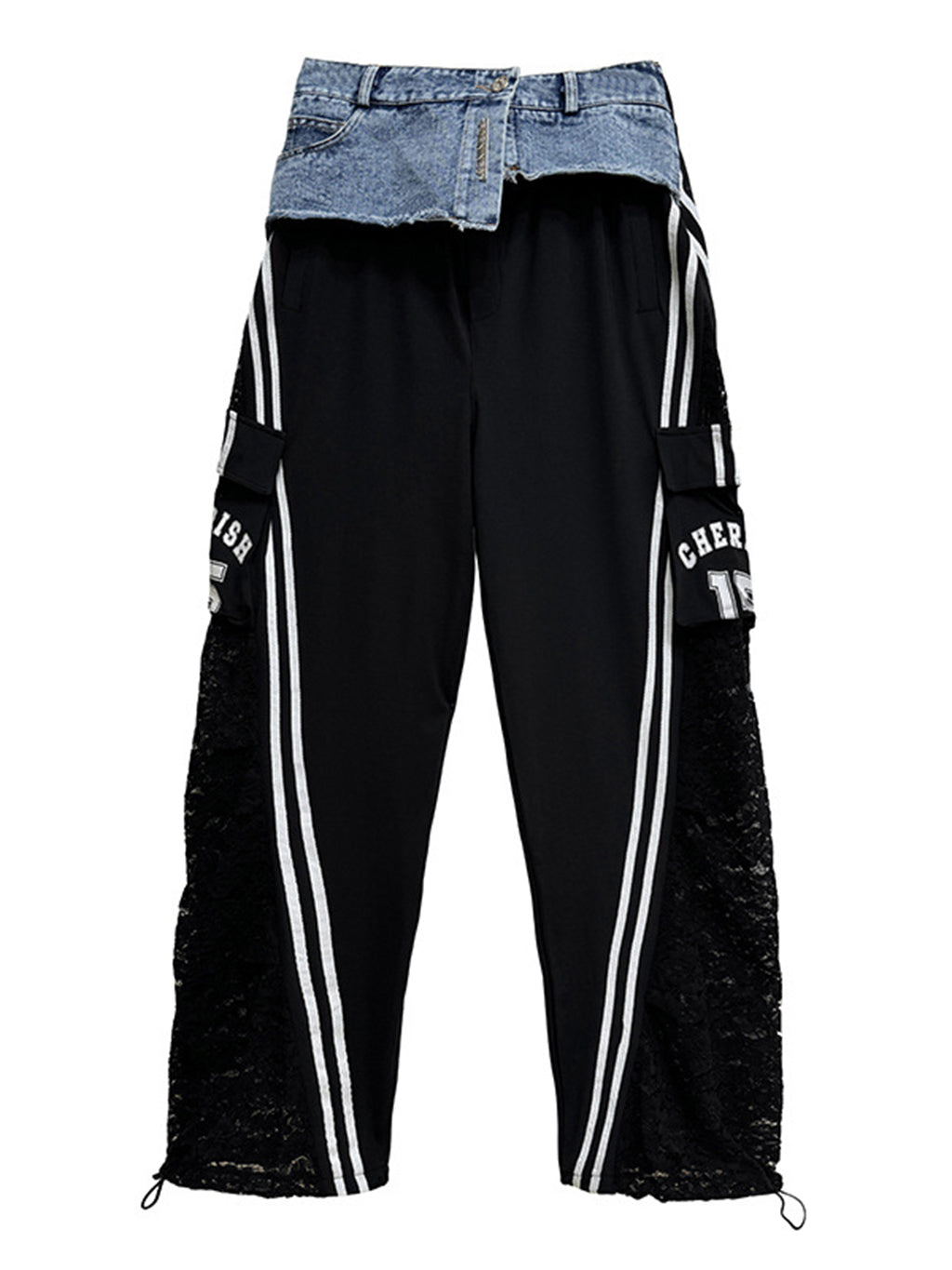Lace-docking denim cargo pants 