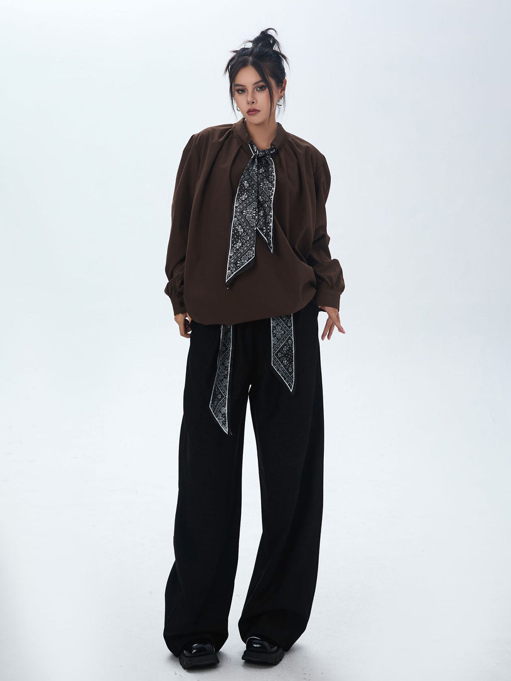 Scarf tie blouse and denim pants series 