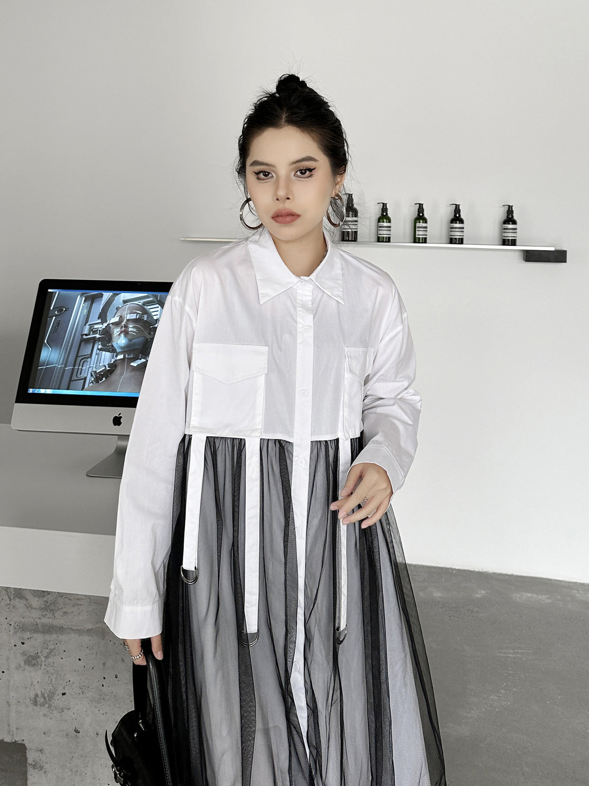 Scarf tie blouse and denim pants series 