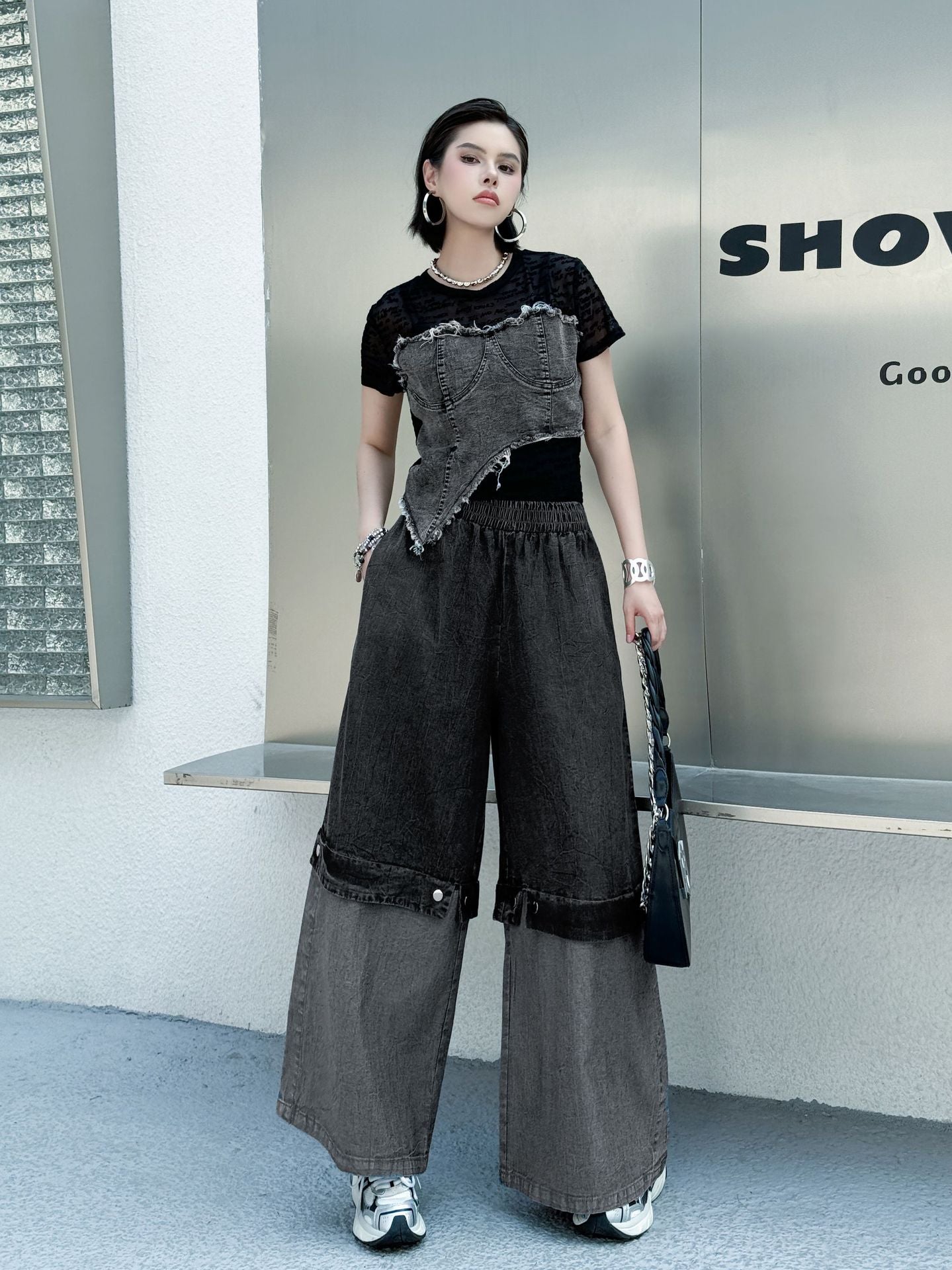 Scarf tie blouse and denim pants series 