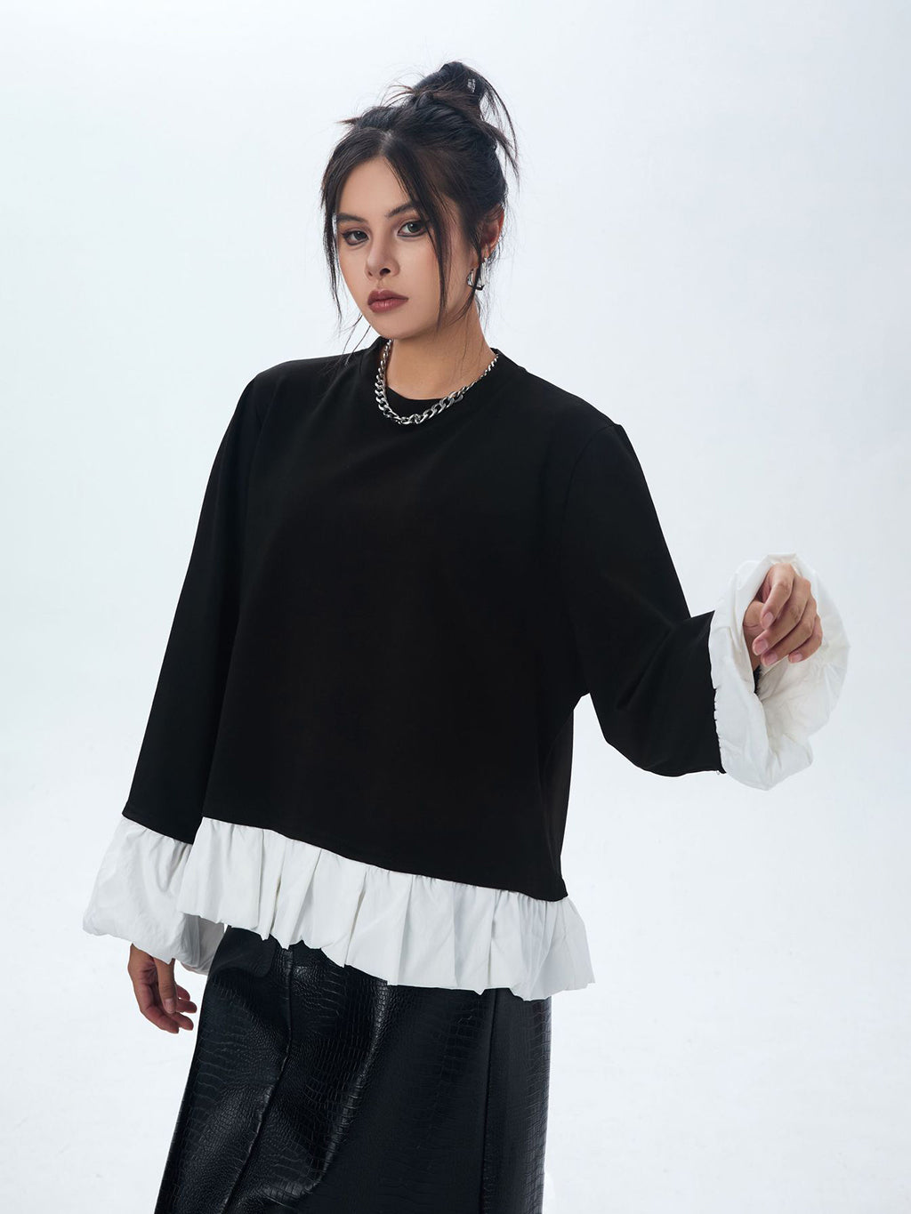 Frilled hem and cuff two-tone top 