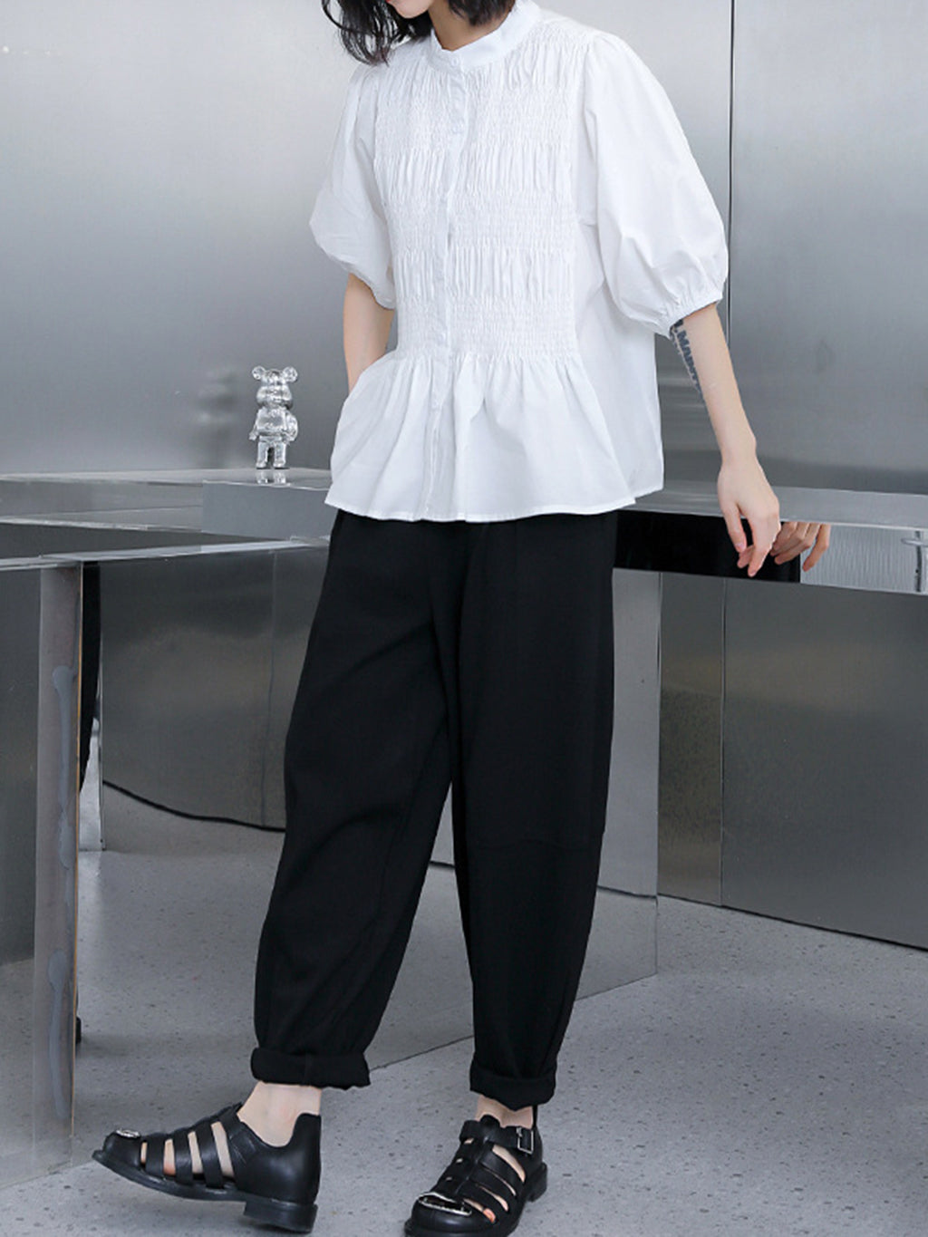 Shirred volume sleeve blouse 