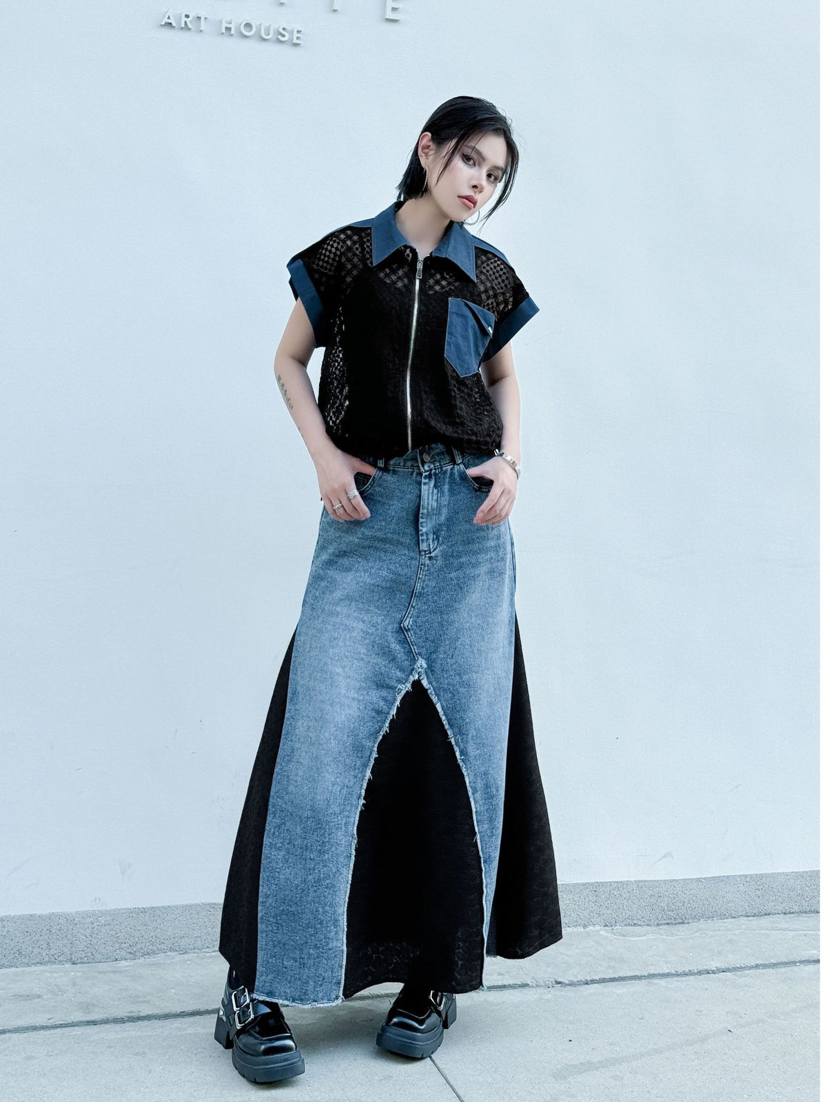 Scarf tie blouse and denim pants series 