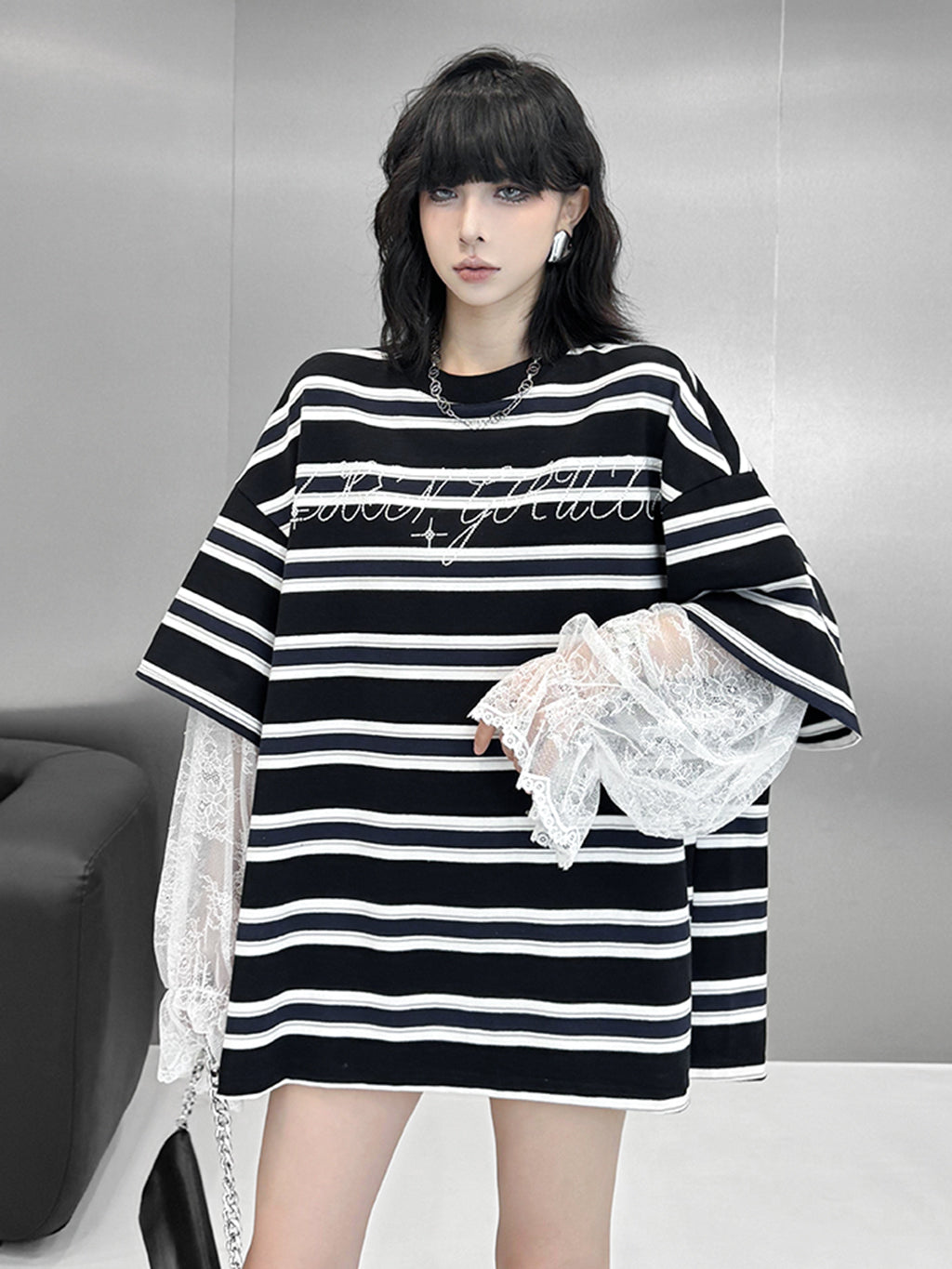 Striped lace sleeve top 