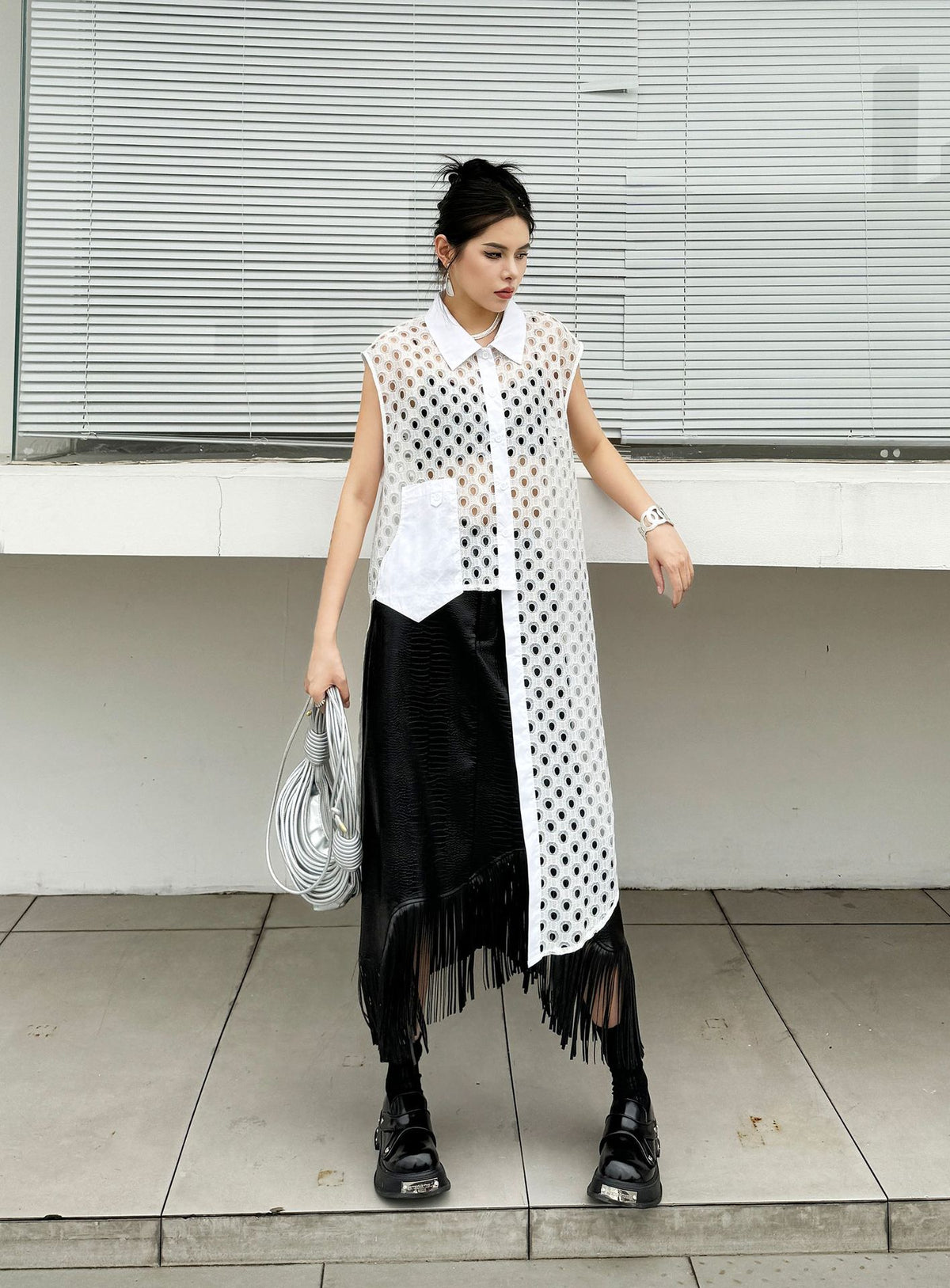 Hole Mesh Long Blouse 