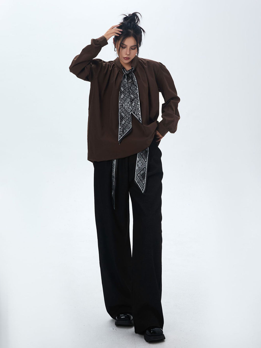 Scarf tie blouse and denim pants series 