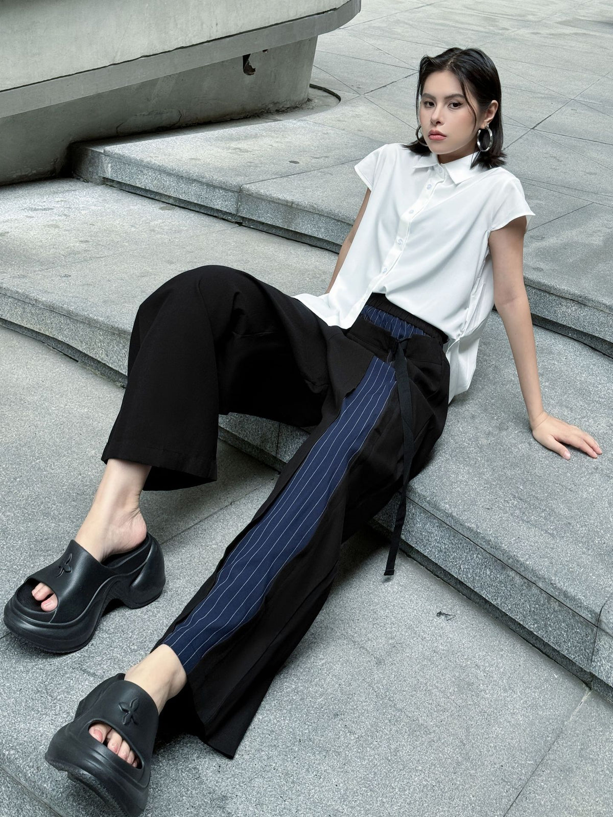 Scarf tie blouse and denim pants series 