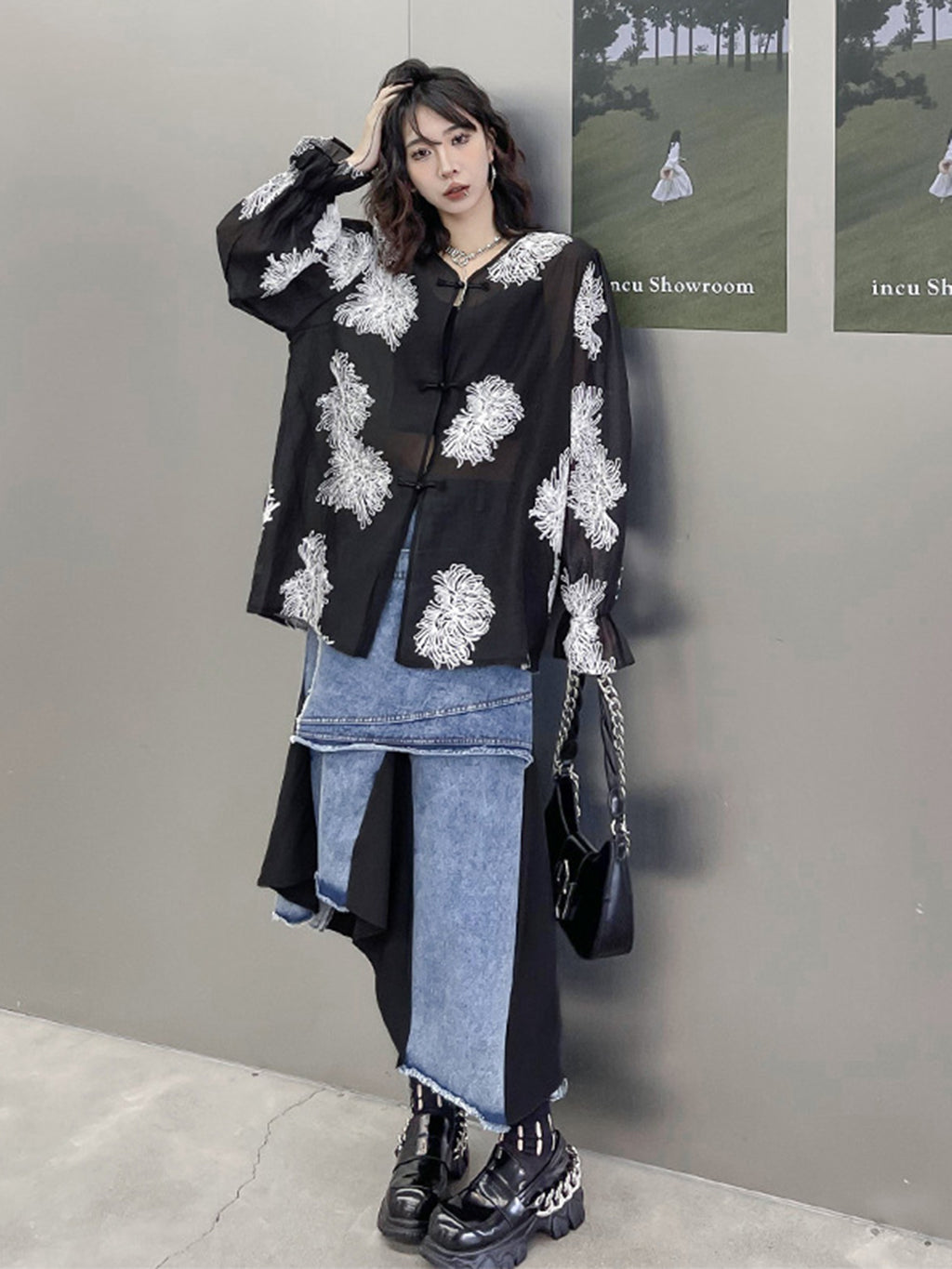 Scarf tie blouse and denim pants series 